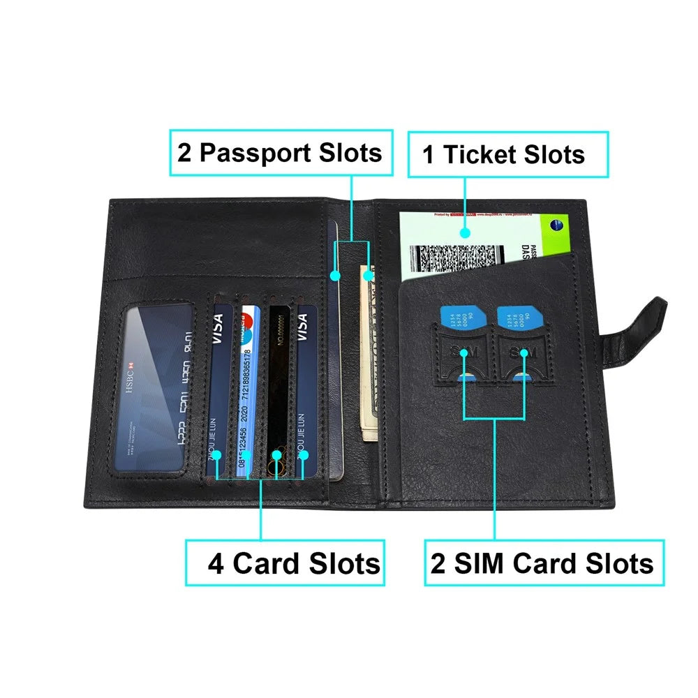 Genuine Cow Leather Business Passport Storage Bag Multi-Function Travel Wallet Organizer Card Ticket Holder - Black - 5