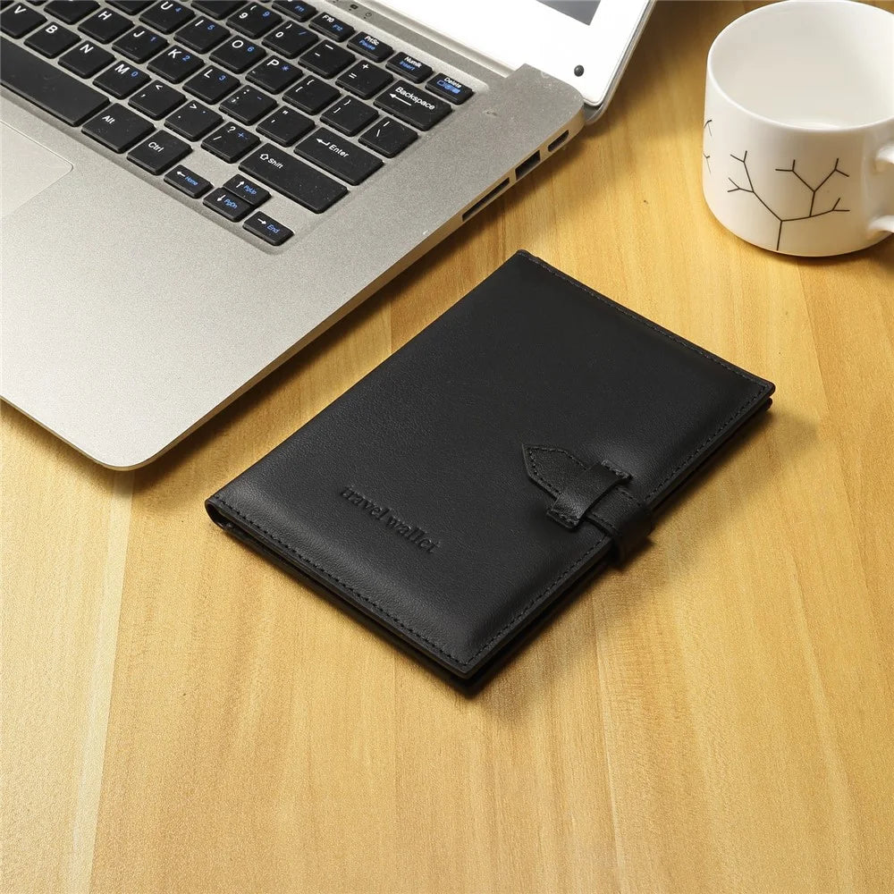 Genuine Cow Leather Business Passport Storage Bag Multi-Function Travel Wallet Organizer Card Ticket Holder - Black - 6