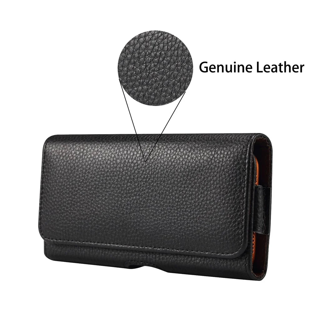 6.1 inch Phone Case Universal Genuine Cow Leather Belt Clip Holster Phone Bag - Black - 5