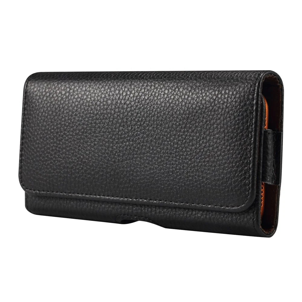 7.2 inch Phone Case Universal Genuine Cow Leather Belt Clip Holster Phone Bag - Black - 1