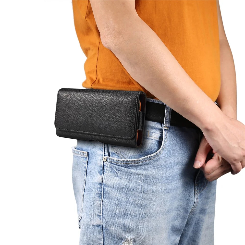 7.2 inch Phone Case Universal Genuine Cow Leather Belt Clip Holster Phone Bag - Black - 4