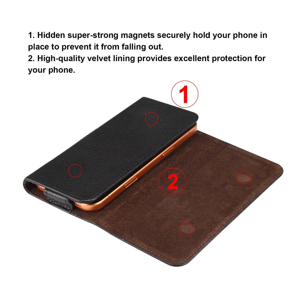 7.2 inch Phone Case Universal Genuine Cow Leather Belt Clip Holster Phone Bag - Black - 6