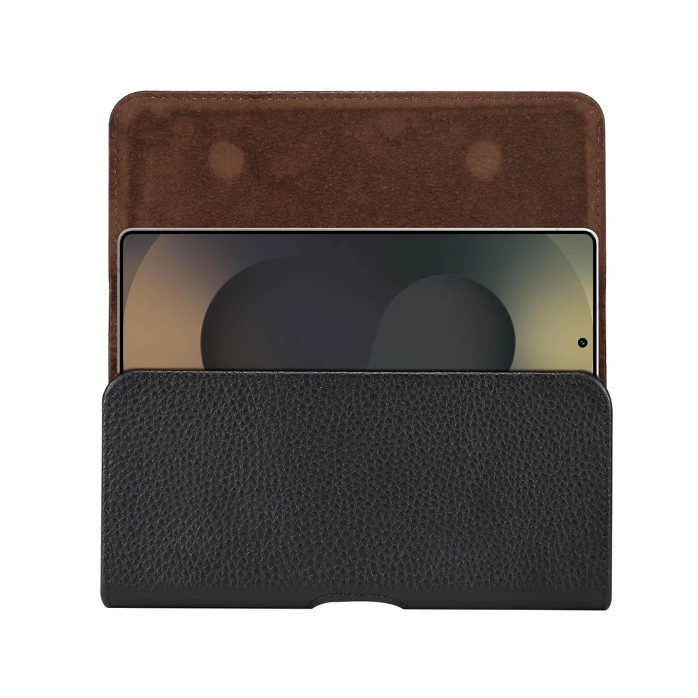 7.2 inch Phone Case Universal Genuine Cow Leather Belt Clip Holster Phone Bag - Black - 7