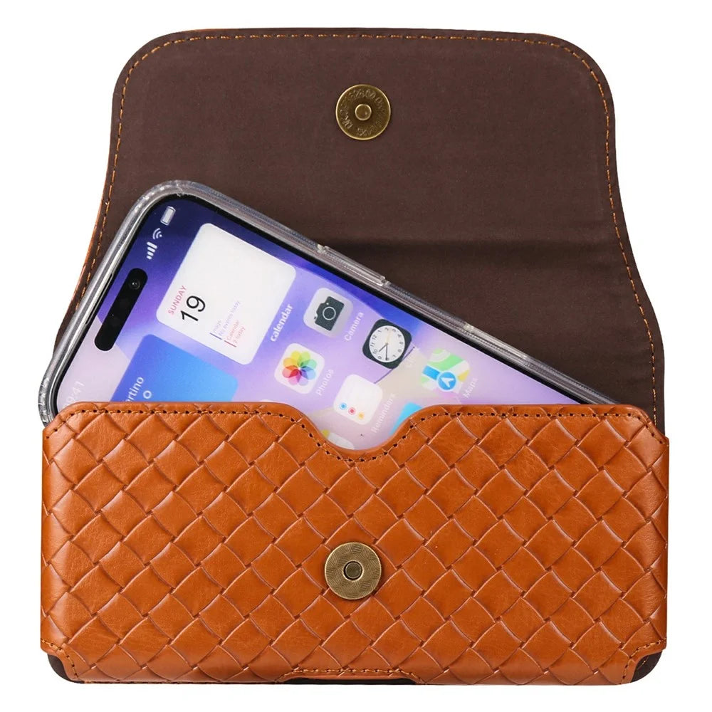 Universal PU Leather Waist Bag For Under 7.2 inches Phone Woven Pattern Horizontal Phone Pouch with Card Holder - Light Brown - 3