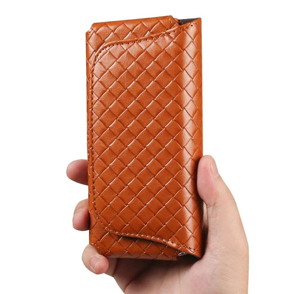 Universal PU Leather Waist Bag For Under 7.2 inches Phone Woven Pattern Horizontal Phone Pouch with Card Holder - Light Brown - 6