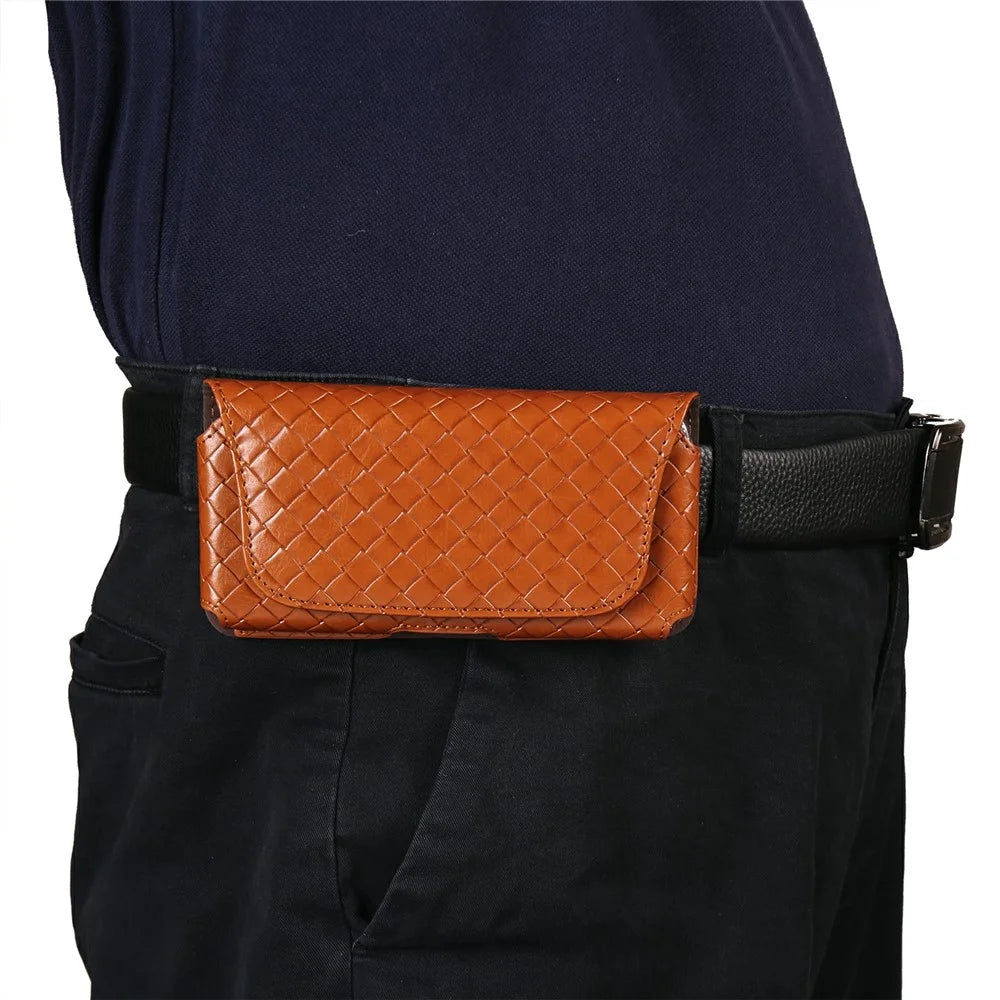 Universal PU Leather Waist Bag For Under 7.2 inches Phone Woven Pattern Horizontal Phone Pouch with Card Holder - Light Brown - 7