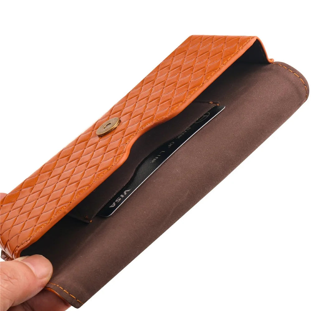 Universal PU Leather Waist Bag For 6.7-6.9 inches Phone Woven Pattern Horizontal Phone Pouch with Card Holder - Light Brown - 5