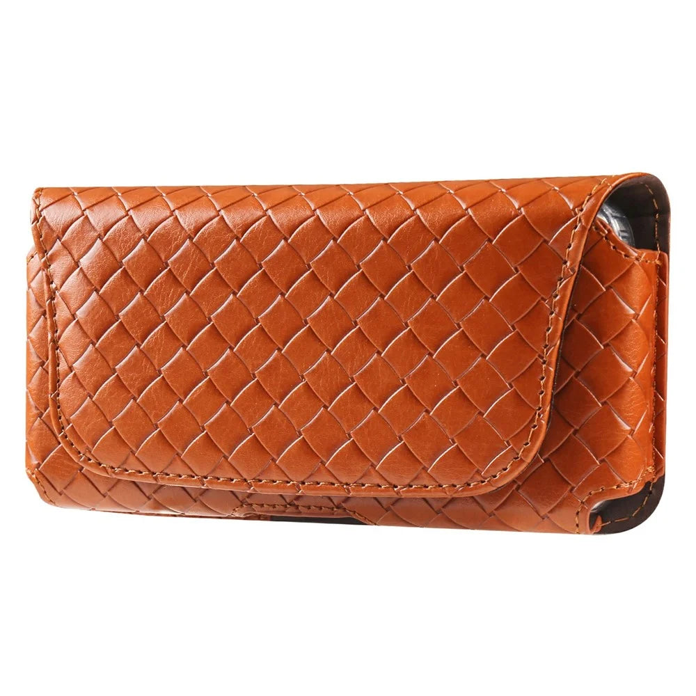 Universal PU Leather Waist Bag For Under 6.5 inches Phone Woven Pattern Horizontal Phone Pouch with Card Holder - Light Brown - 1