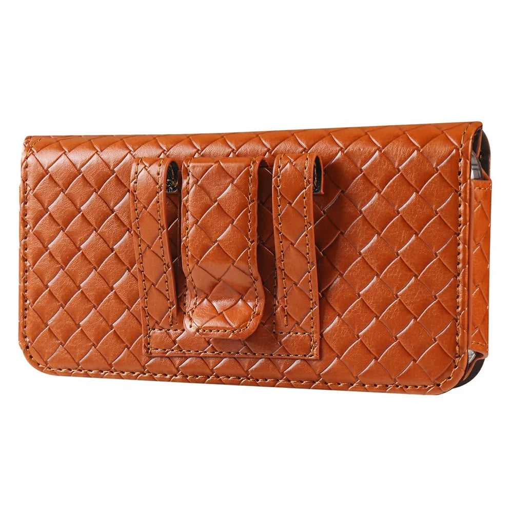 Universal PU Leather Waist Bag For Under 6.5 inches Phone Woven Pattern Horizontal Phone Pouch with Card Holder - Light Brown - 2
