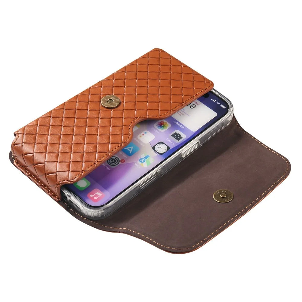 Universal PU Leather Waist Bag For 6.1-6.3 inches Phone Woven Pattern Horizontal Phone Pouch with Card Holder - Light Brown - 4