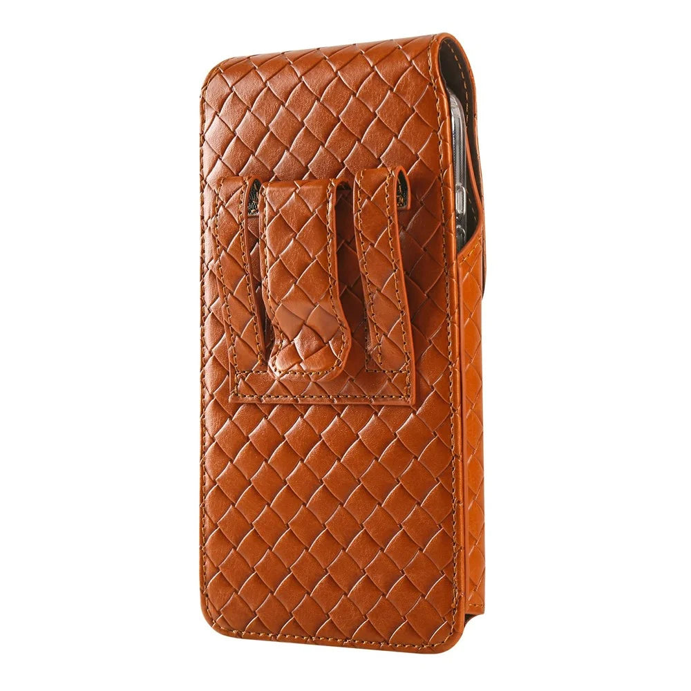 Universal PU Leather Waist Bag For Under 7.2 inches Phone Woven Pattern Vertical Phone Pouch with Card Holder - Light Brown - 2
