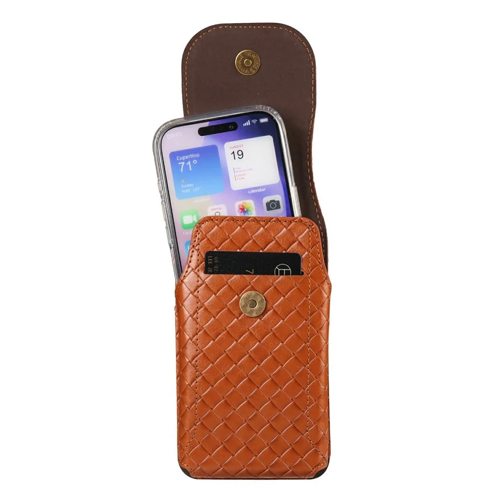 Universal PU Leather Waist Bag For Under 7.2 inches Phone Woven Pattern Vertical Phone Pouch with Card Holder - Light Brown - 3