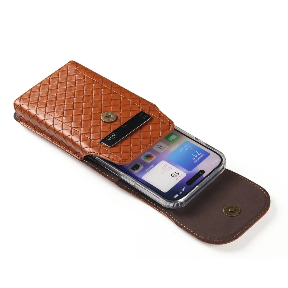 Universal PU Leather Waist Bag For Under 7.2 inches Phone Woven Pattern Vertical Phone Pouch with Card Holder - Light Brown - 4