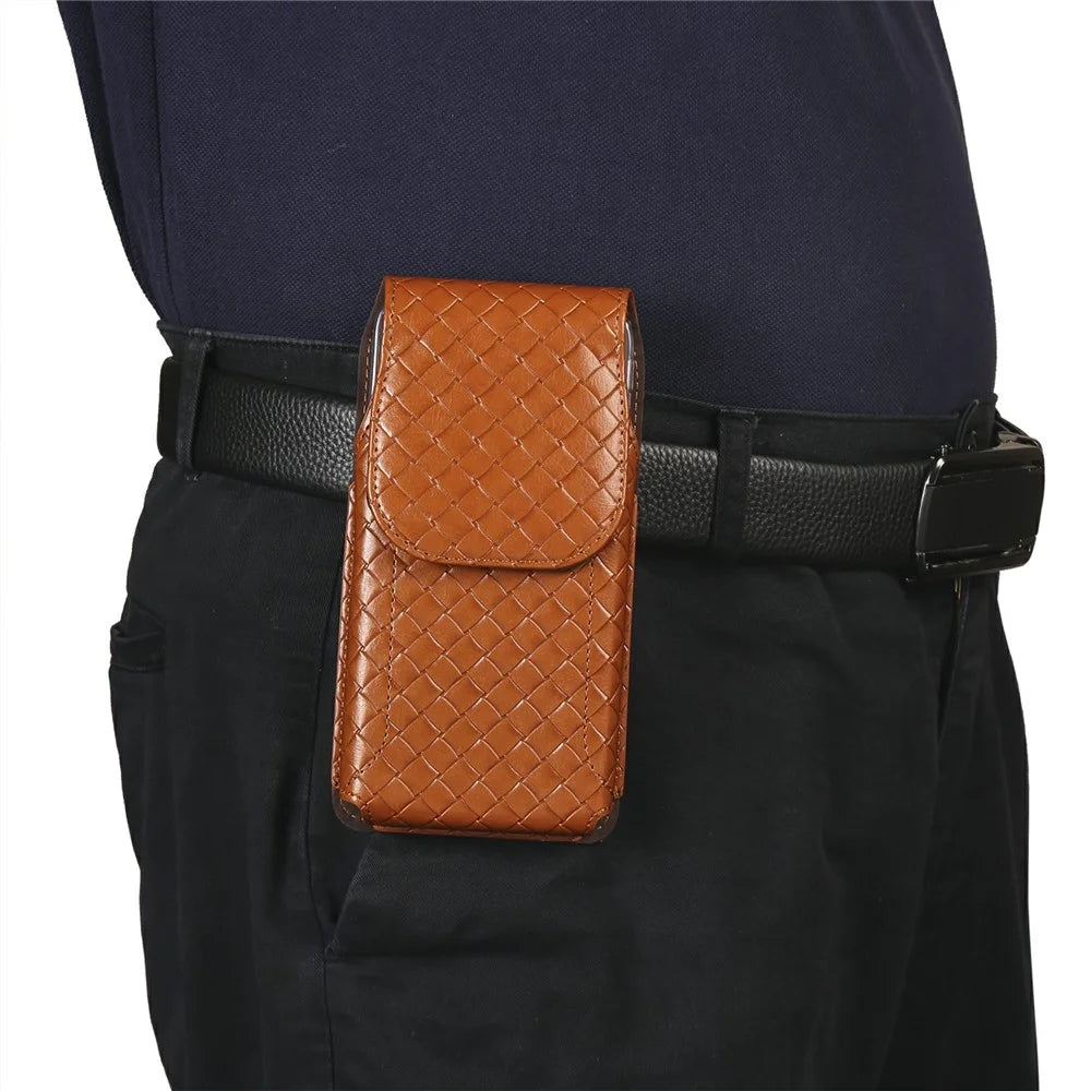 Universal PU Leather Waist Bag For Under 7.2 inches Phone Woven Pattern Vertical Phone Pouch with Card Holder - Light Brown - 6