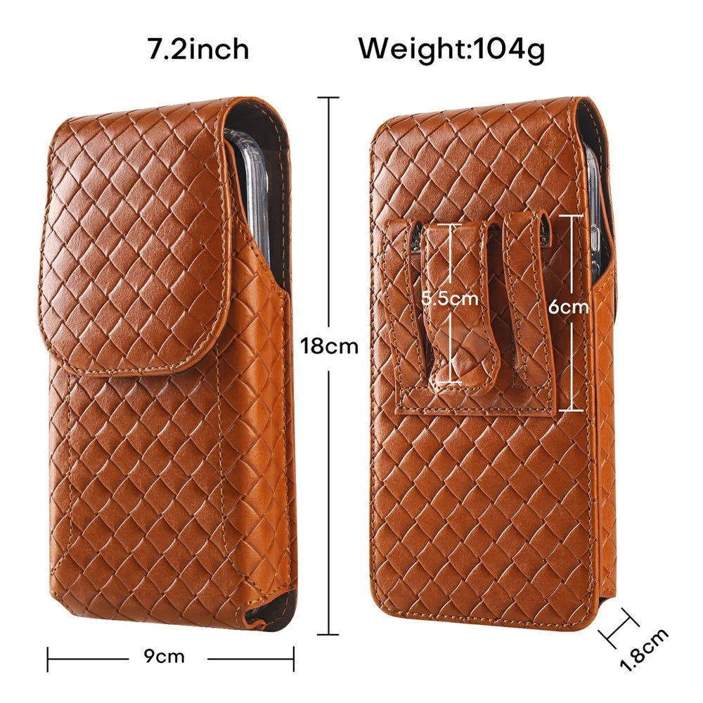 Universal PU Leather Waist Bag For Under 7.2 inches Phone Woven Pattern Vertical Phone Pouch with Card Holder - Light Brown - 7