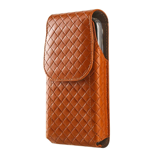 Universal PU Leather Waist Bag For 6.7-6.9 inches Phone Woven Pattern Vertical Phone Pouch with Card Holder - Light Brown - 1