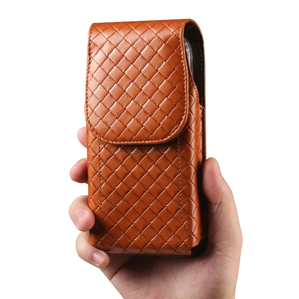 Universal PU Leather Waist Bag For 6.7-6.9 inches Phone Woven Pattern Vertical Phone Pouch with Card Holder - Light Brown - 5