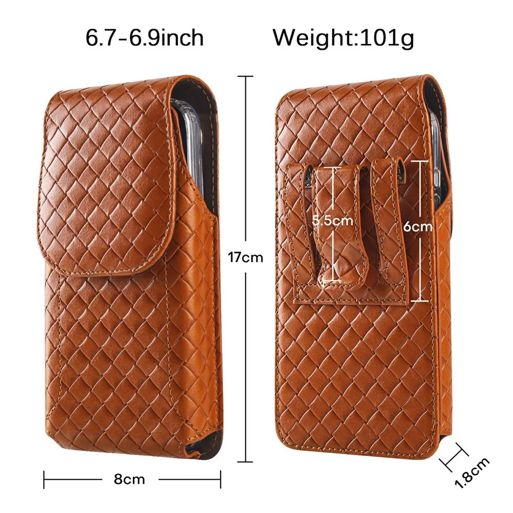 Universal PU Leather Waist Bag For 6.7-6.9 inches Phone Woven Pattern Vertical Phone Pouch with Card Holder - Light Brown - 7