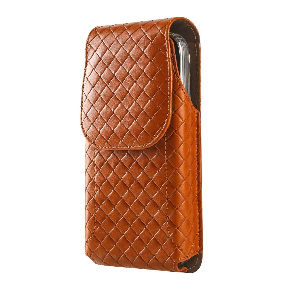 Universal PU Leather Waist Bag For Under 6.5 inches Phone Woven Pattern Vertical Phone Pouch with Card Holder - Light Brown - 1