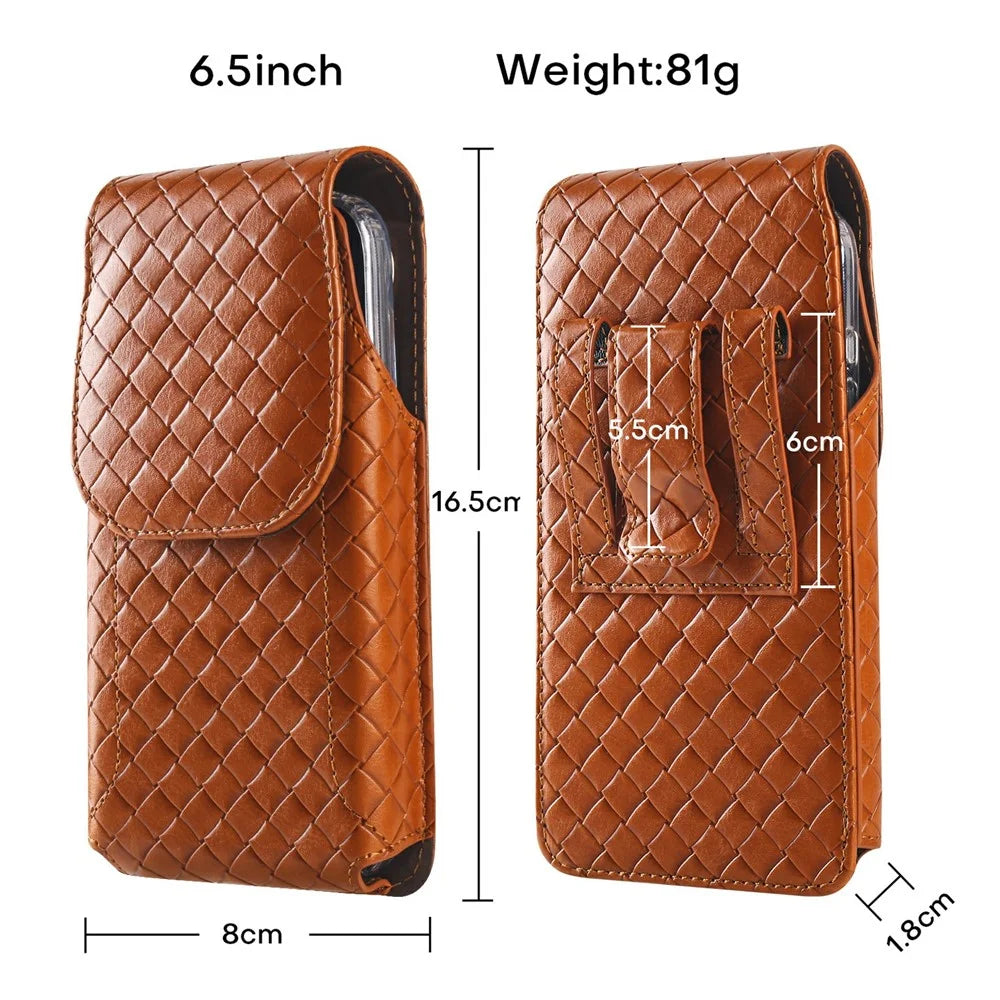 Universal PU Leather Waist Bag For Under 6.5 inches Phone Woven Pattern Vertical Phone Pouch with Card Holder - Light Brown - 7