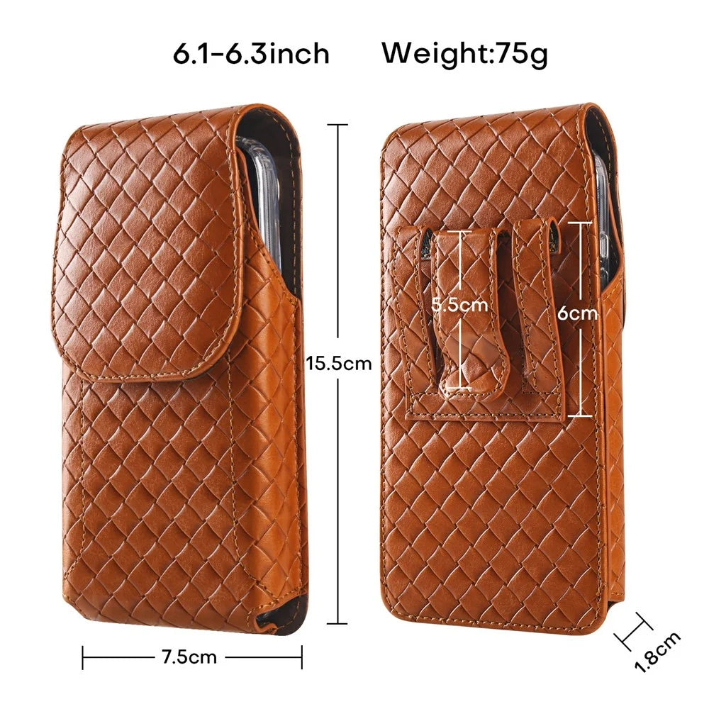 Universal PU Leather Waist Bag For 6.1-6.3 inches Phone Woven Pattern Vertical Phone Pouch with Card Holder - Light Brown - 7