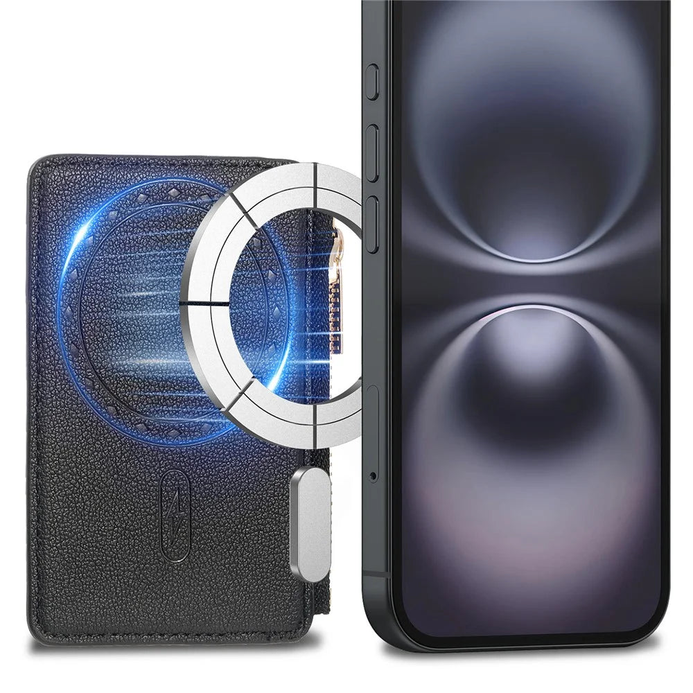 MC-W31 Magnetic Zipper Card Holder PU Leather Color-Block Card Pocket - Black - 3