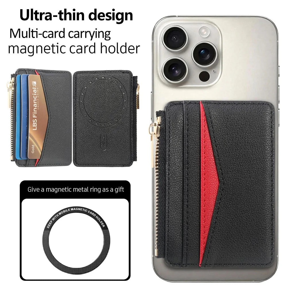 MC-W31 Magnetic Zipper Card Holder PU Leather Color-Block Card Pocket - Black - 5