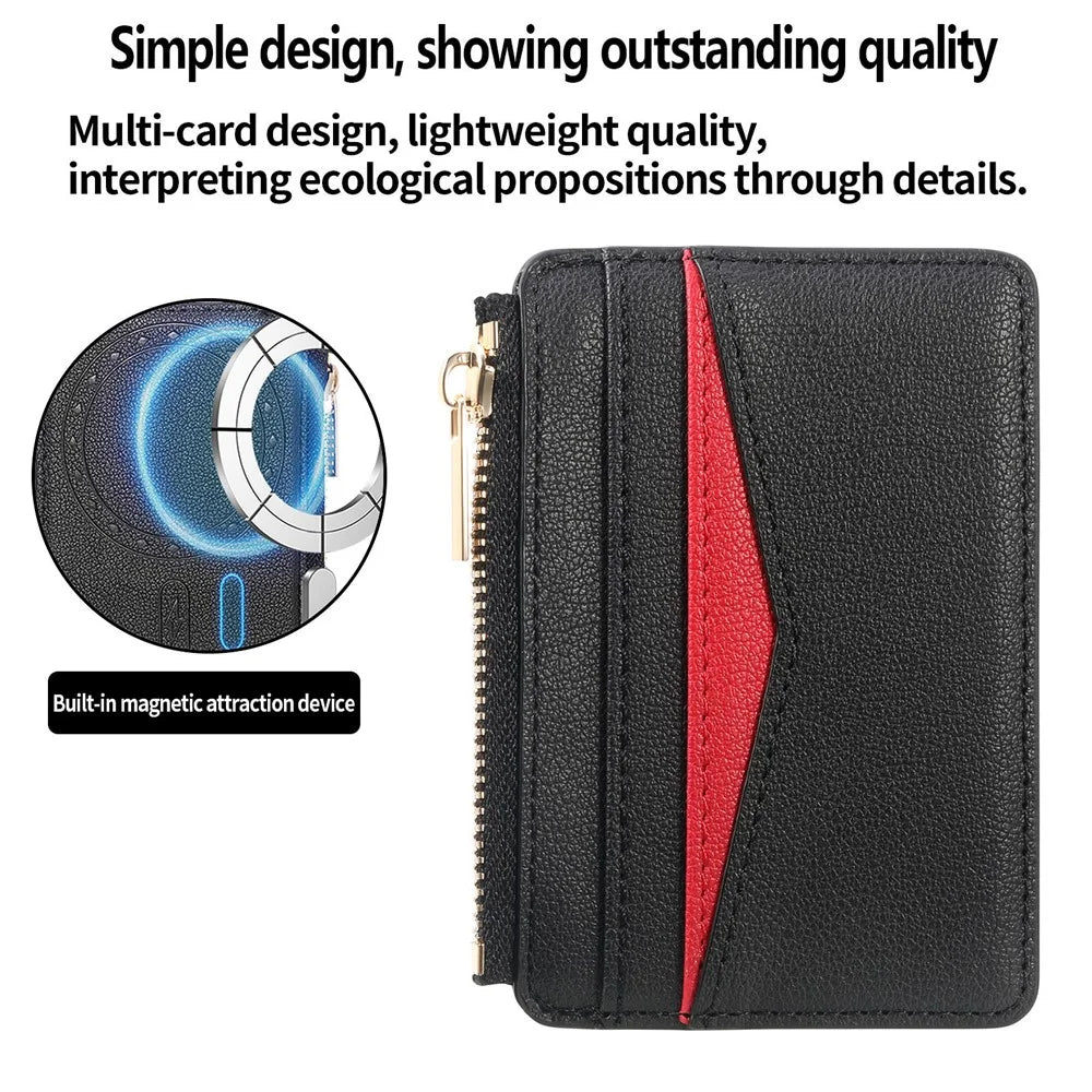 MC-W31 Magnetic Zipper Card Holder PU Leather Color-Block Card Pocket - Black - 6