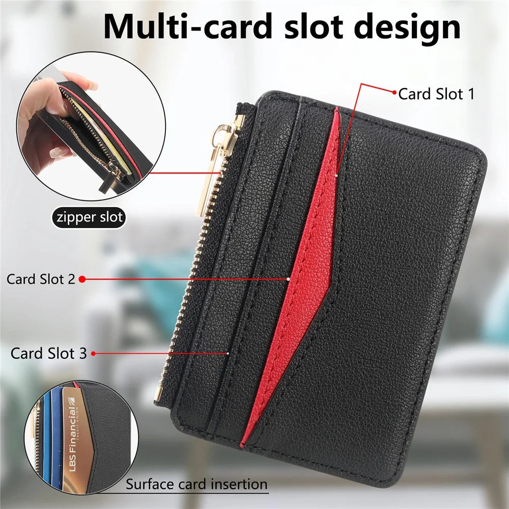 MC-W31 Magnetic Zipper Card Holder PU Leather Color-Block Card Pocket - Black - 7