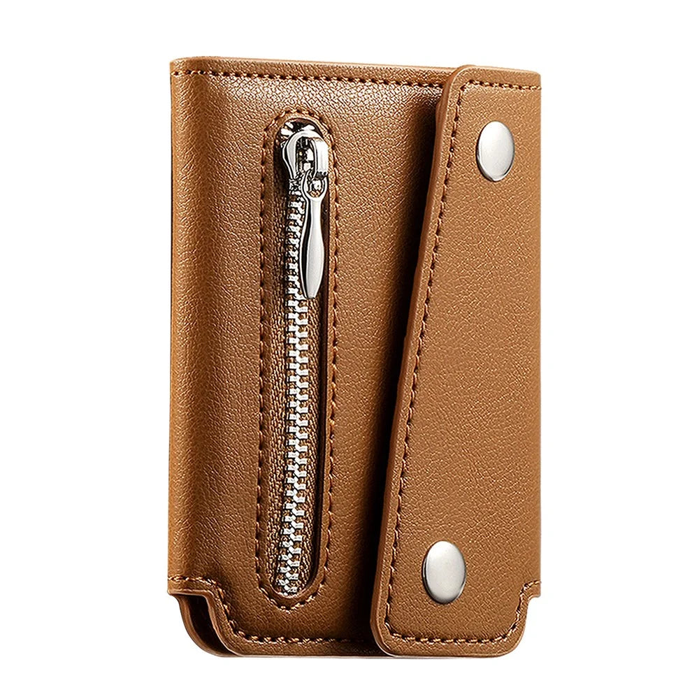 KB-78 Leather Wallet Phone Case Adhesive Card Holder Flip Leather Zipper Wallet Pouch - Brown - 1