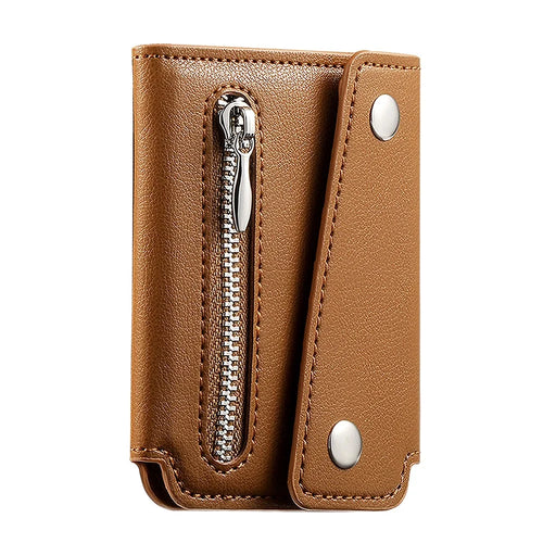 KB-78 Leather Wallet Phone Case Adhesive Card Holder Flip Leather Zipper Wallet Pouch - Brown - 1