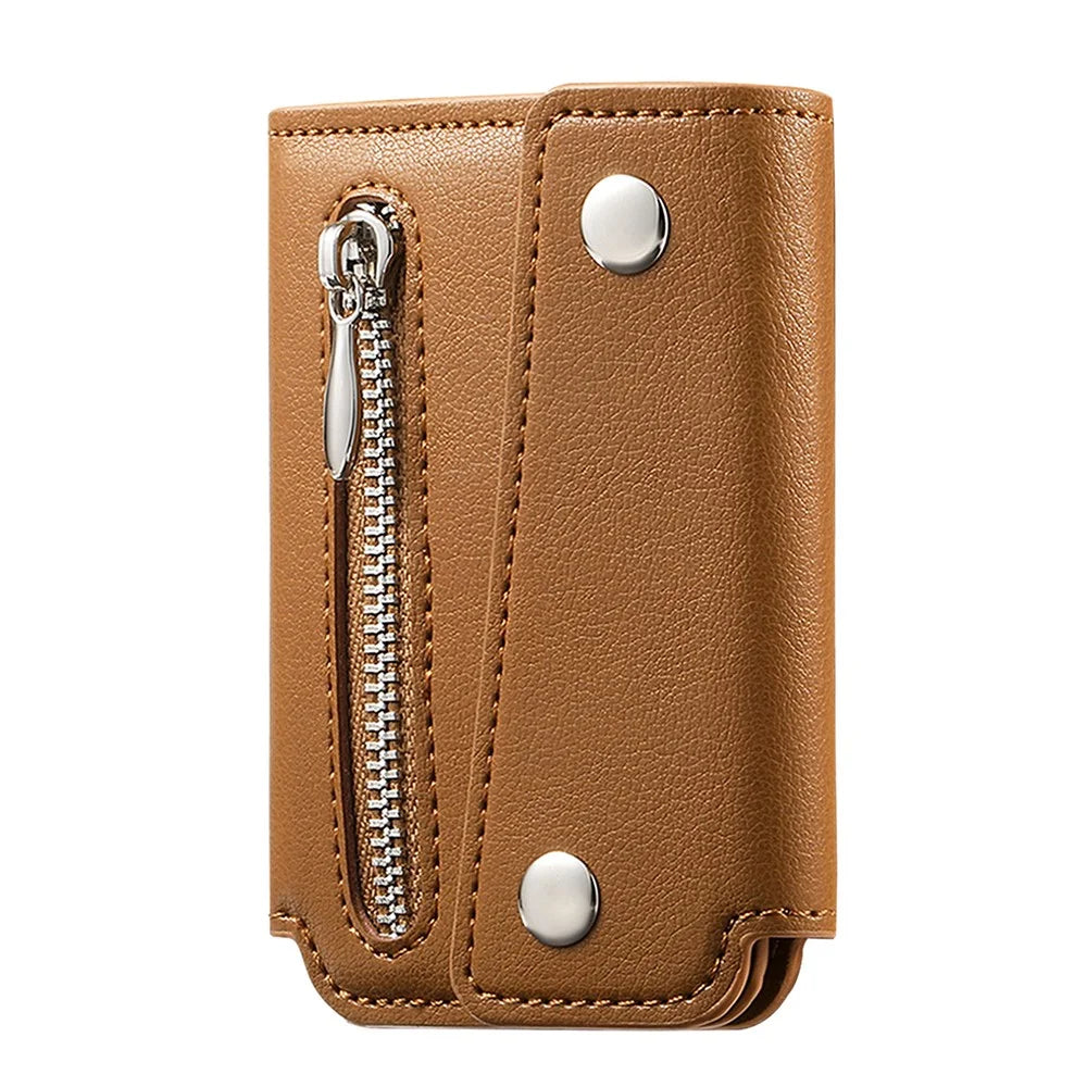 KB-78 Leather Wallet Phone Case Adhesive Card Holder Flip Leather Zipper Wallet Pouch - Brown - 2