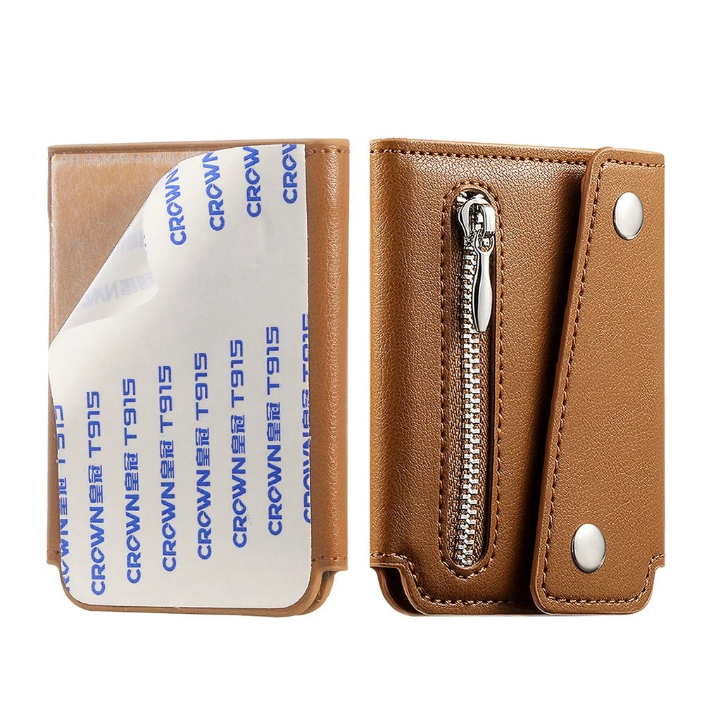 KB-78 Leather Wallet Phone Case Adhesive Card Holder Flip Leather Zipper Wallet Pouch - Brown - 4