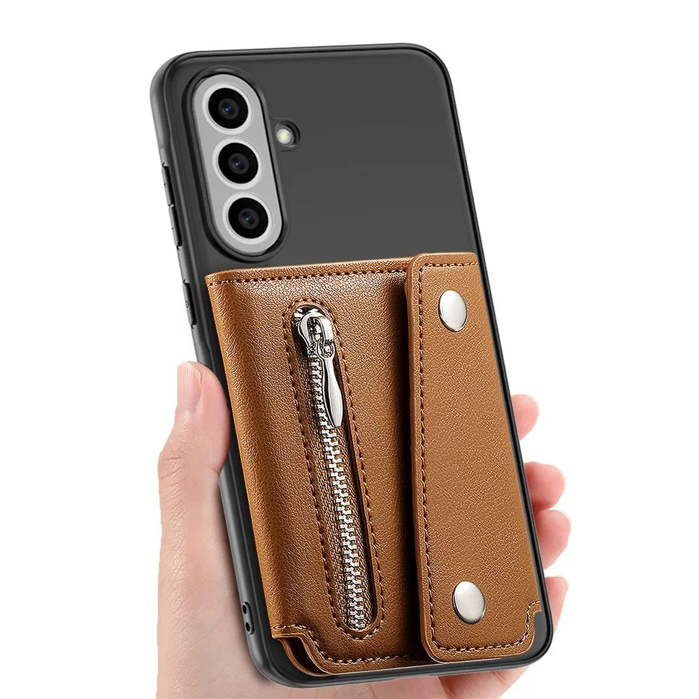 KB-78 Leather Wallet Phone Case Adhesive Card Holder Flip Leather Zipper Wallet Pouch - Brown - 6