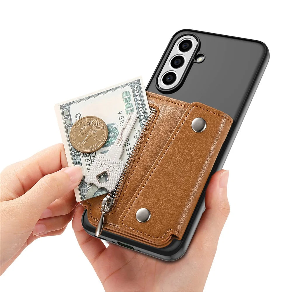 KB-78 Leather Wallet Phone Case Adhesive Card Holder Flip Leather Zipper Wallet Pouch - Brown - 7