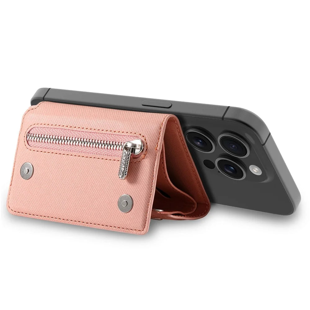 MC-W40 Twill Cloth Texture PU Leather Magnetic Wallet Card Holder Zippered Coin Pouch - Pink - 4