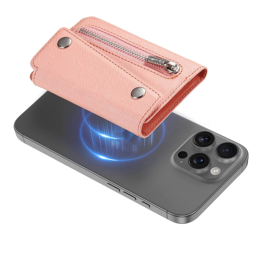 MC-W40 Twill Cloth Texture PU Leather Magnetic Wallet Card Holder Zippered Coin Pouch - Pink - 5