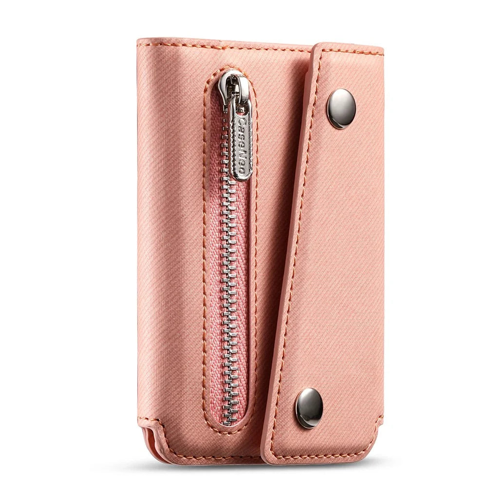MC-W40 Twill Cloth Texture PU Leather Magnetic Wallet Card Holder Zippered Coin Pouch - Pink - 6