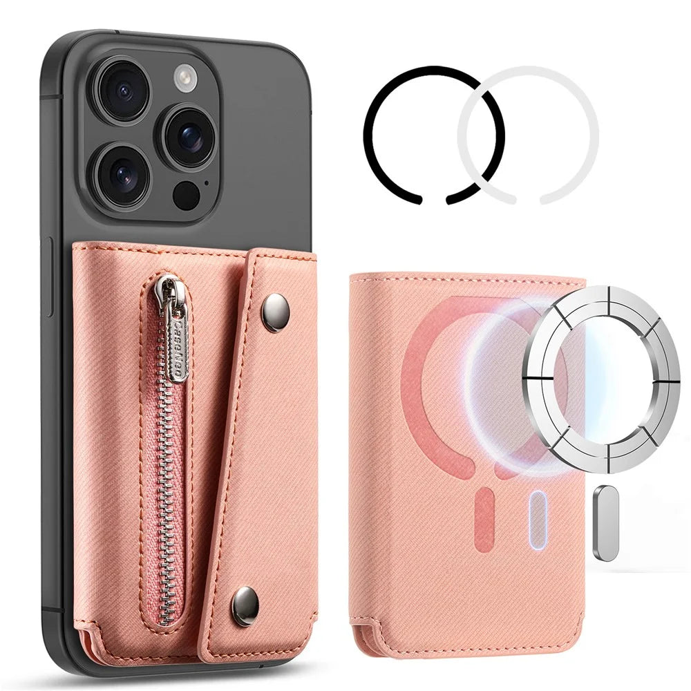 MC-W40 Twill Cloth Texture PU Leather Magnetic Wallet Card Holder Zippered Coin Pouch - Pink - 7