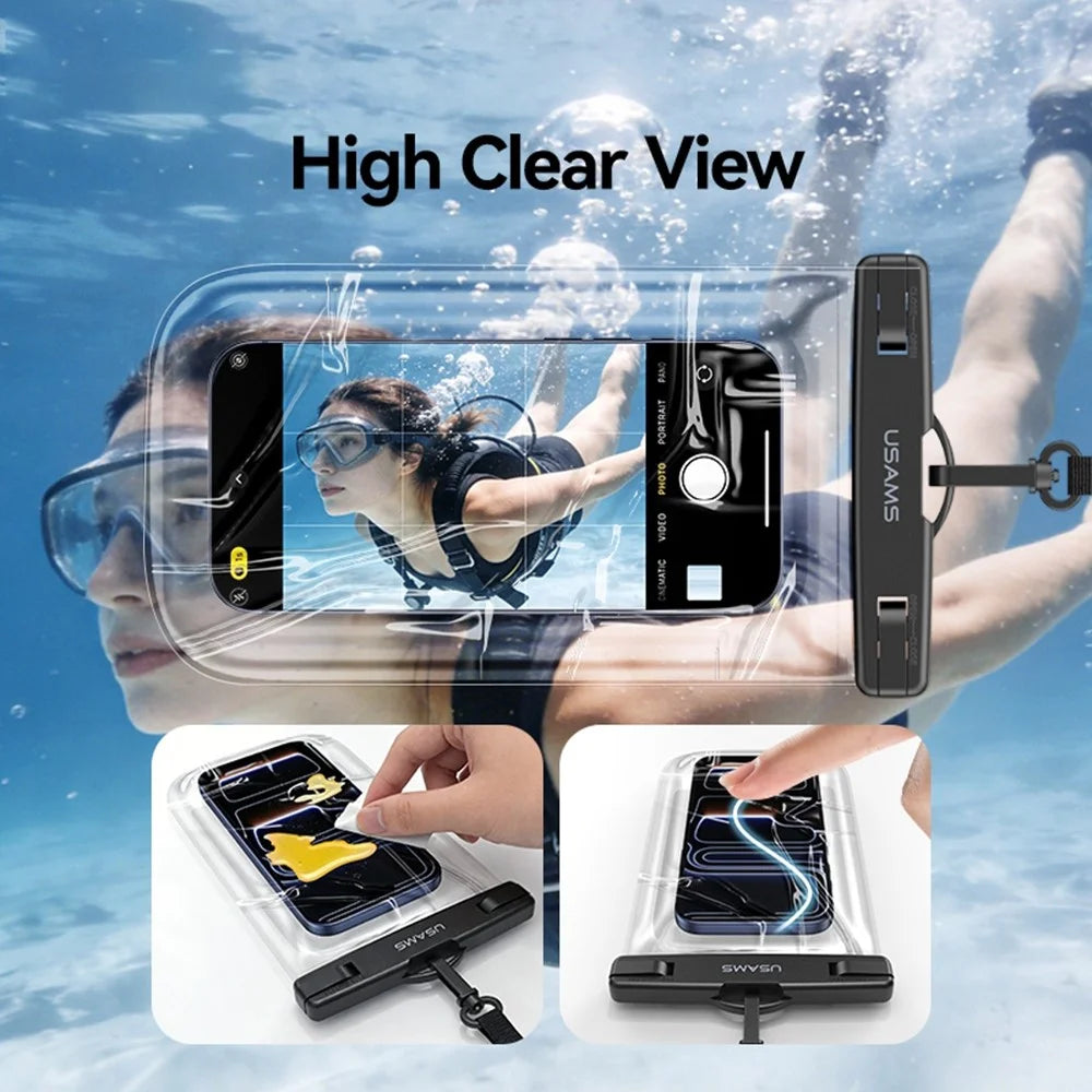 USAMS YD016 Touch Screen Underwater Pouch for Phones Up To 7.2 Inch IPX8 Waterproof Bag with Lanyard - Transparent - 7