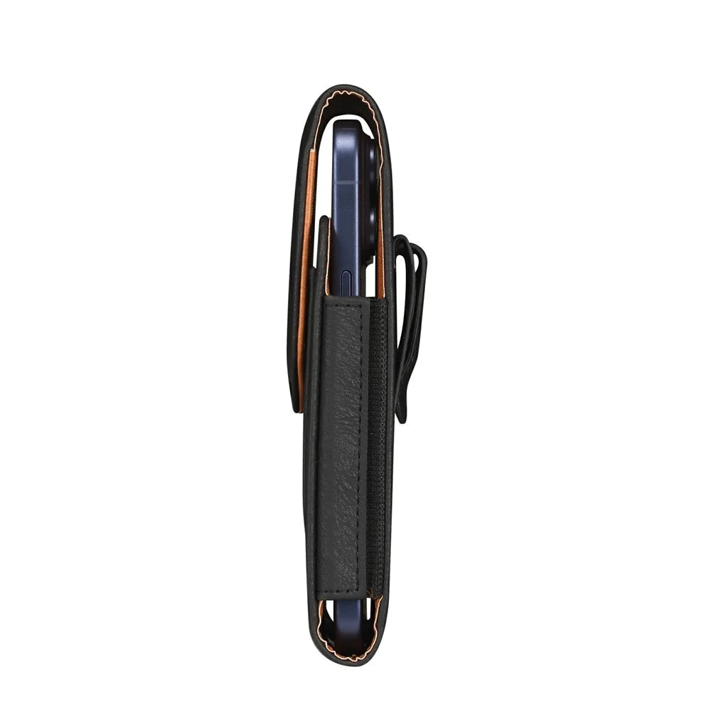 6.1 Inch Phone Universal Holster Pouch for iPhone 17 / 16 / Samsung Galaxy S26 / S25 PU Leather Belt Clip Case with Card Slot - Black - 6