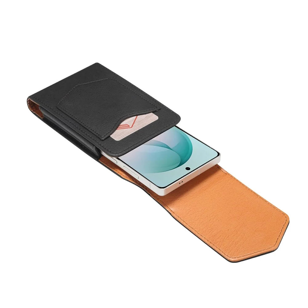 6.1 Inch Phone Universal Holster Pouch for iPhone 17 / 16 / Samsung Galaxy S26 / S25 PU Leather Belt Clip Case with Card Slot - Black - 7