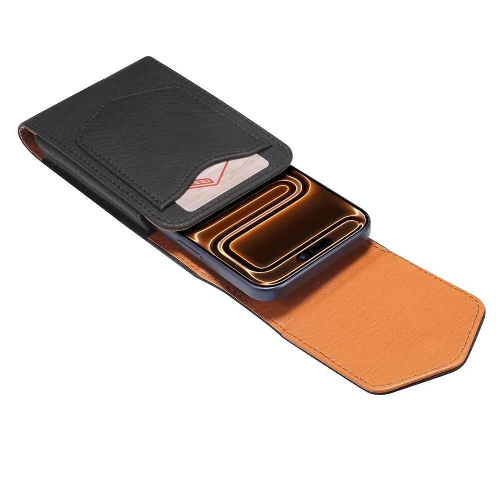 6.7-6.9 Inch Phone Universal Holster Pouch for iPhone 17 Pro Max / 16 Pro Max / Samsung Galaxy S26 Ultra / Huawei Mate 70 PU Leather Belt Clip Case with Card Slot - Black - 3