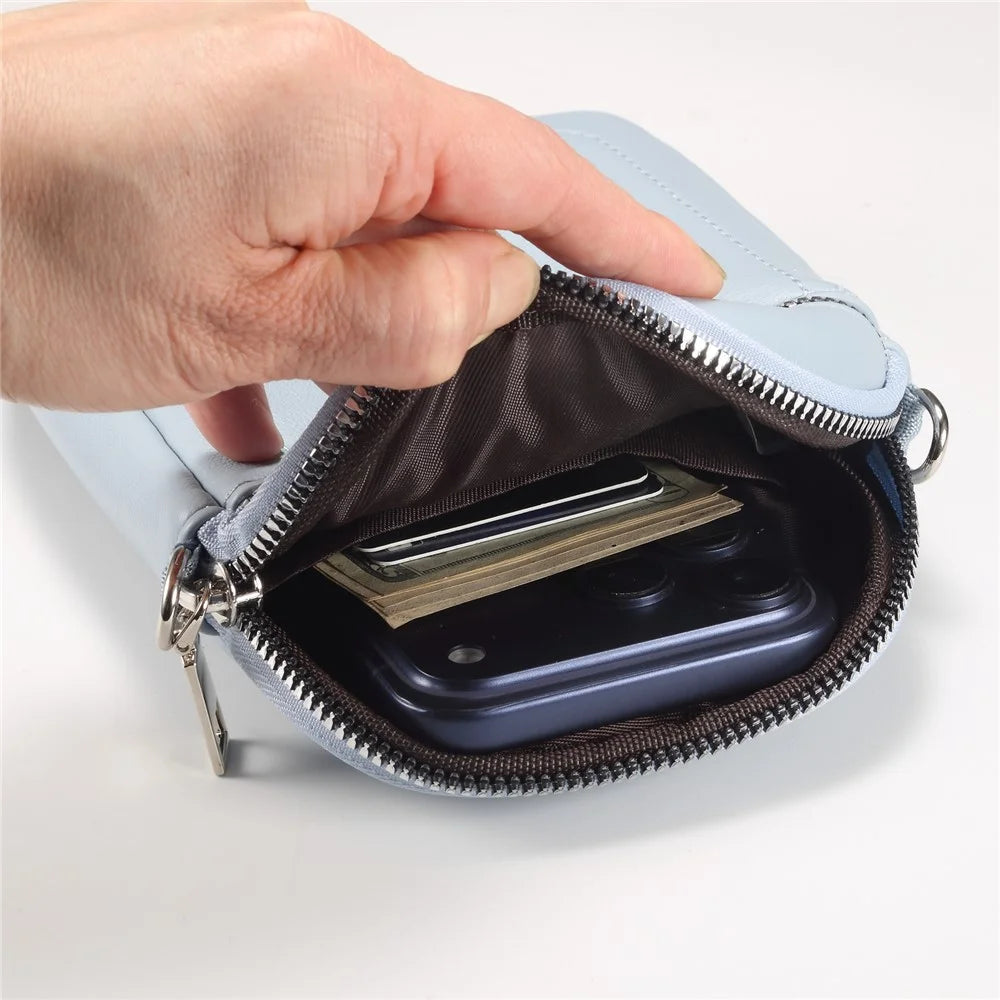 Crossbody Phone Bag Lambskin Textured PU Leather Shoulder Bag for Cellphone Up To 7.2 Inch - Baby Blue - 6