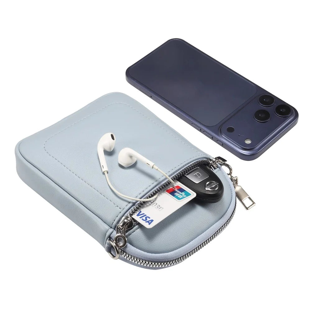 Crossbody Phone Bag Lambskin Textured PU Leather Shoulder Bag for Cellphone Up To 7.2 Inch - Baby Blue - 7