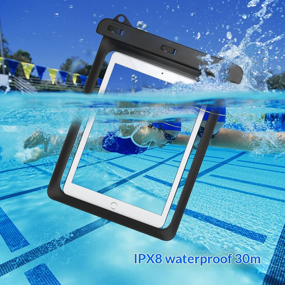 Waterproof Bag for Tablet Below 12.9 Inch Clear PVC Storage Pouch IPX8 Swimming Diving Case with Lanyard - Black - 2