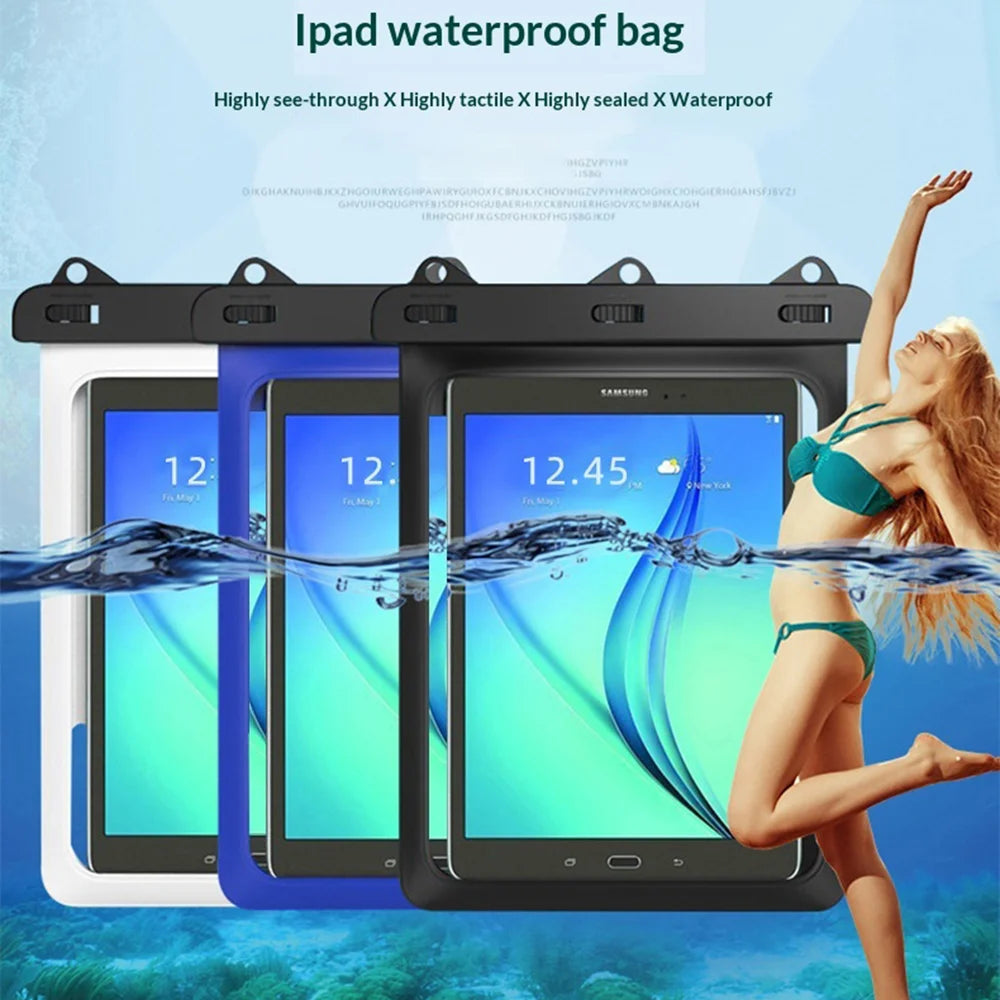 Waterproof Bag for Tablet Below 12.9 Inch Clear PVC Storage Pouch IPX8 Swimming Diving Case with Lanyard - Black - 6