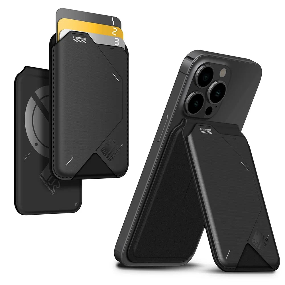 AULUMU G02 Magnetic Card Holder Stand Bi-Fold Wallet Case with ID Window - Black - 1