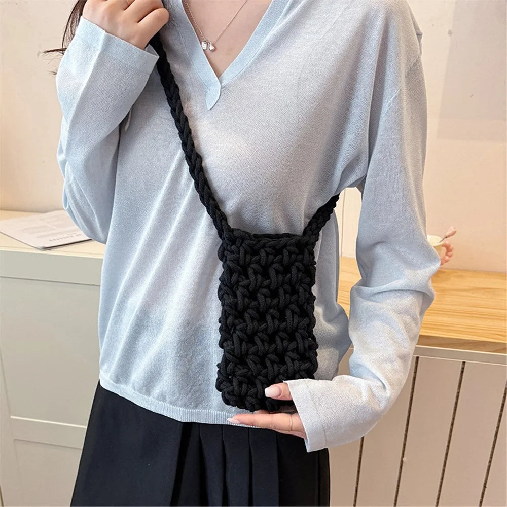 Universal Crossbody Woven Phone Bag Hollow Knitted Shoulder Bag Handmade Crochet Pouch for Mobile Phone - Black - 2