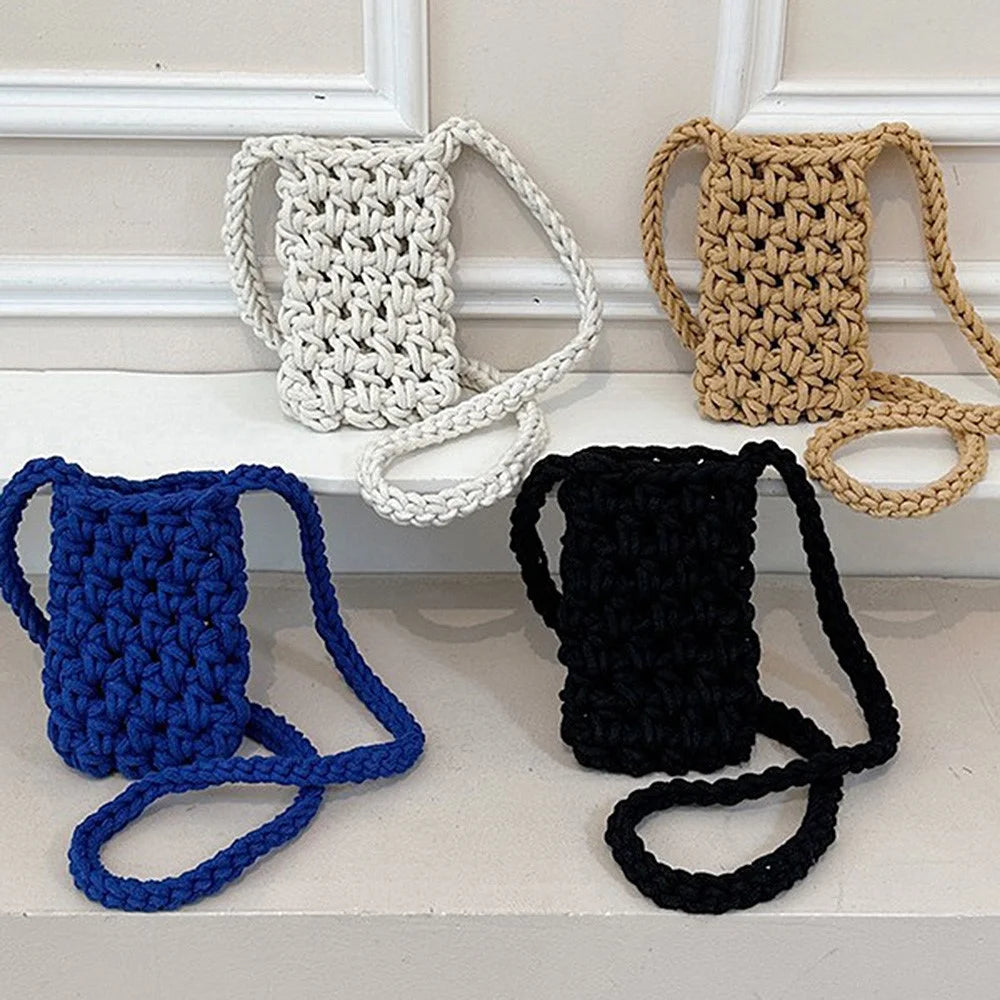 Universal Crossbody Woven Phone Bag Hollow Knitted Shoulder Bag Handmade Crochet Pouch for Mobile Phone - Black - 4